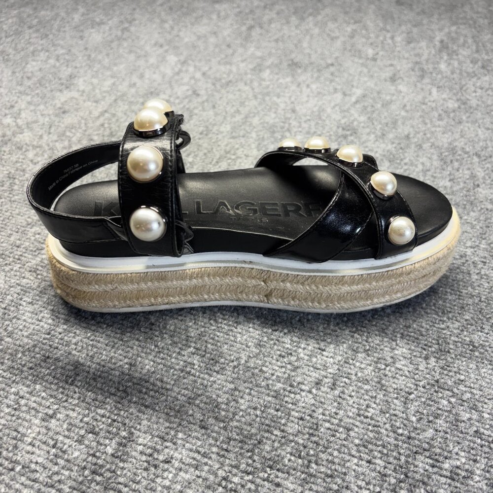 Karl Lagerfeld Womens Black Platform Espadrille Sandals Pearl Ankle Strap 7M - Picture 6 of 13